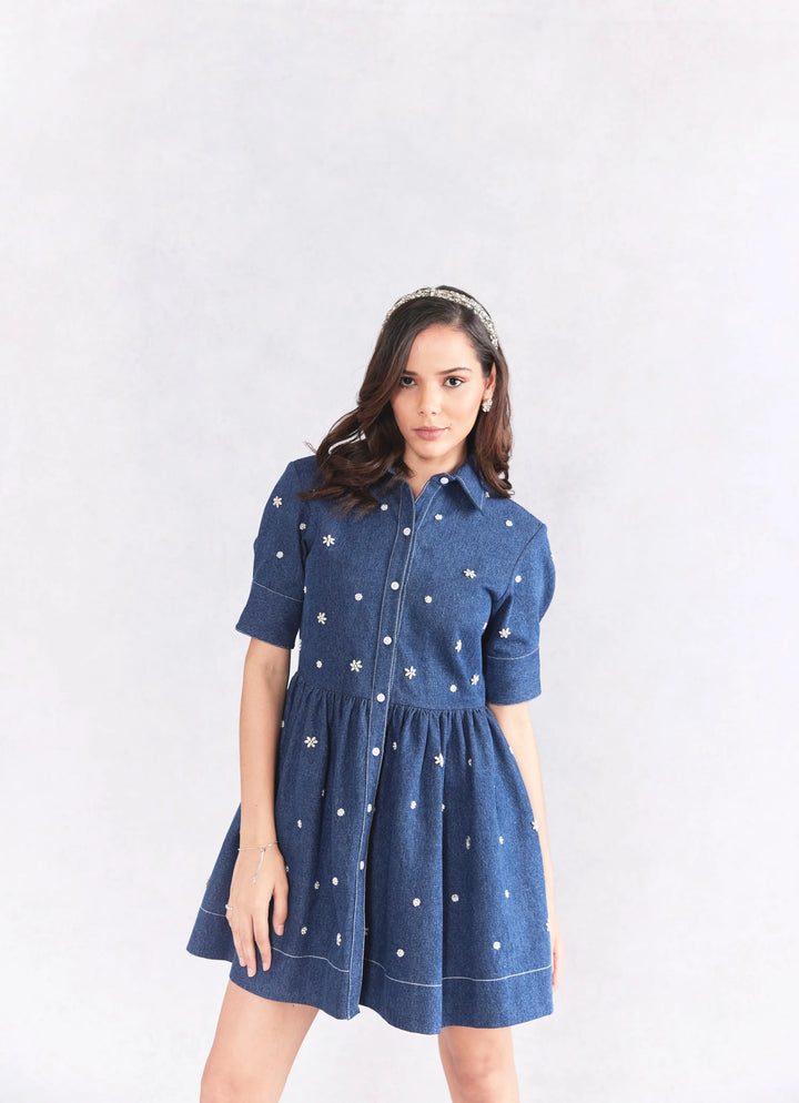 Fit And Flare Embellished Denim Dress