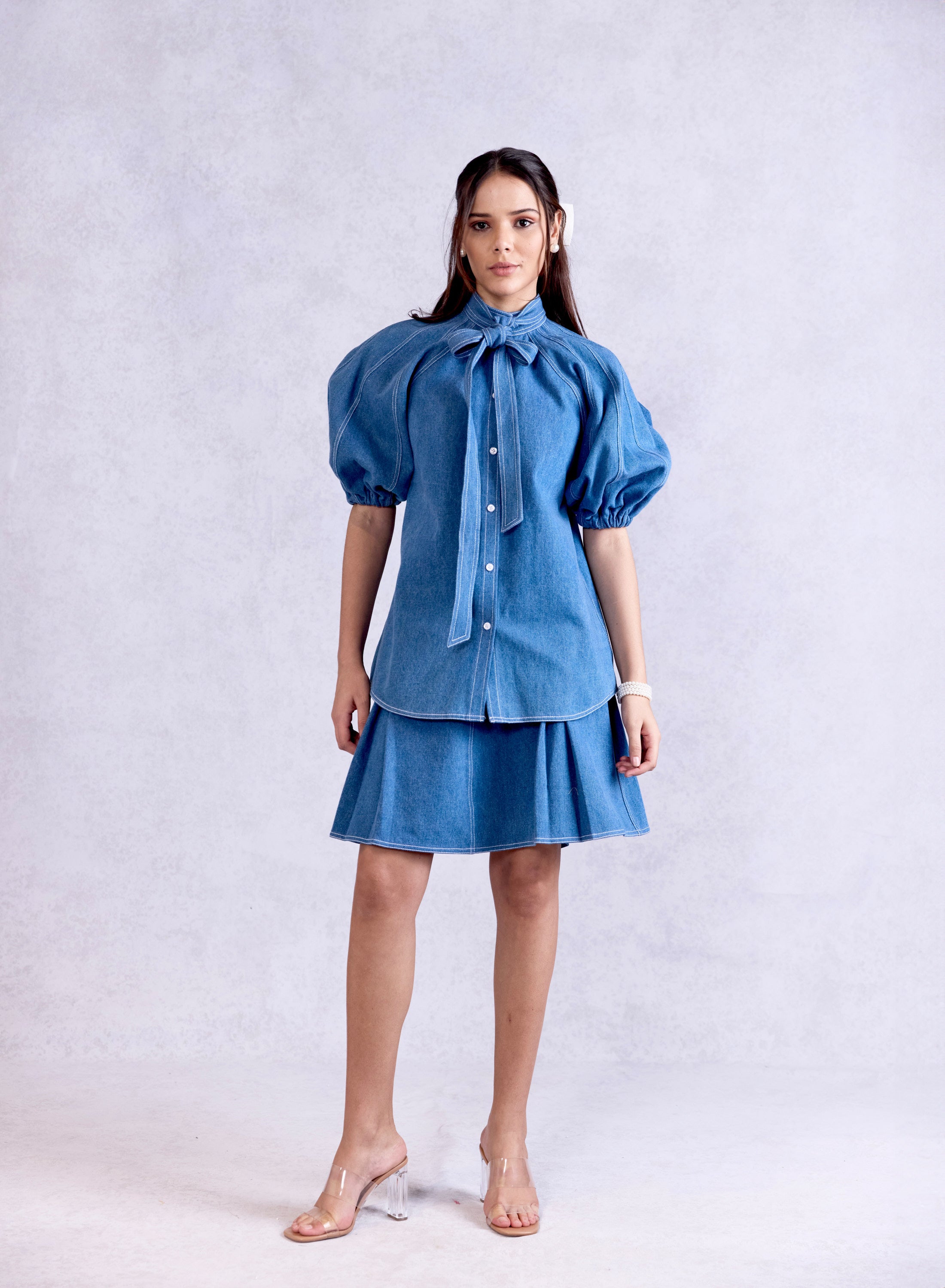 Bow Tie Lantern Denim Shirt & Box Pleat Denim Skirt